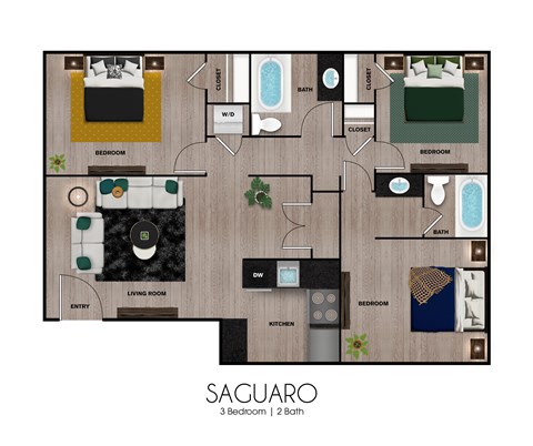 Floor plan for 3 beds, 2 baths, 1200 sqft
